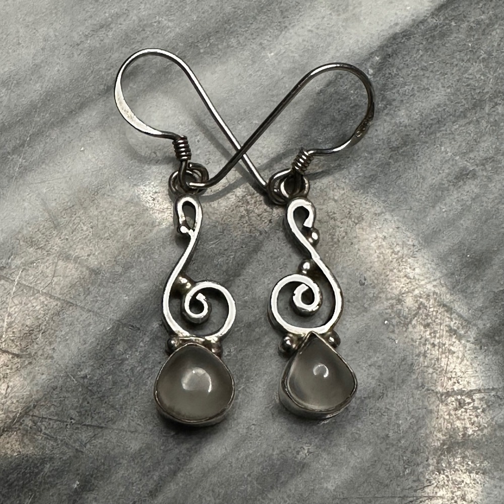 Sterling Silver Moonstone Swirl Drop Earrings 925‎ Artisan Boho Dangle 3g